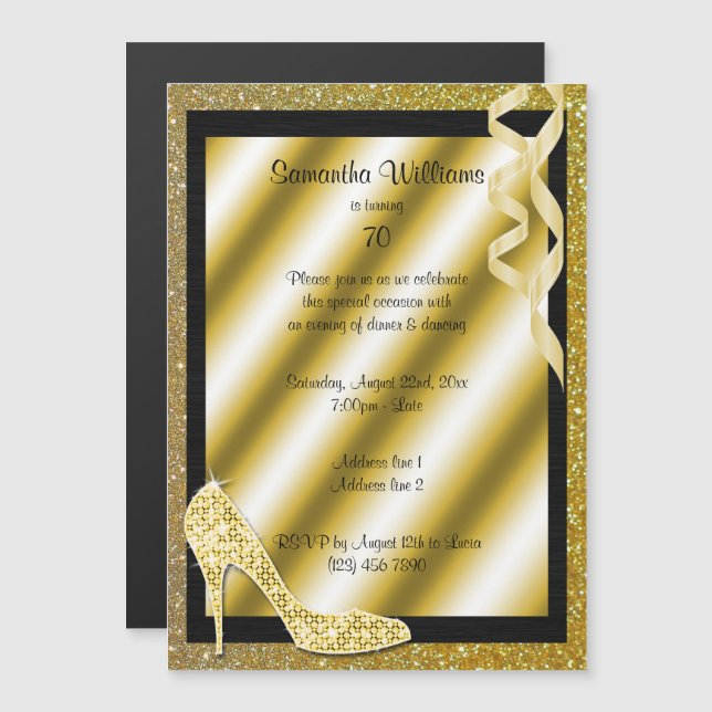 Invitation Magnétique Gold Glittery Stiletto & Streamers 70e anniversair (Devant / Derrière)