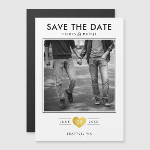 Invitation Magnétique Gold Heart LGBTQ Sauvez la date avec la photo
