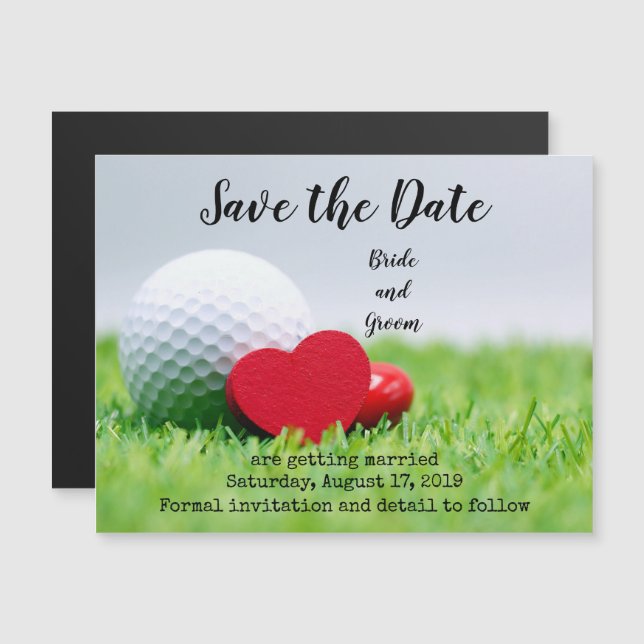 Invitation Magnétique Golf Sauvez la date avec golf et coeur (Devant / Derrière)