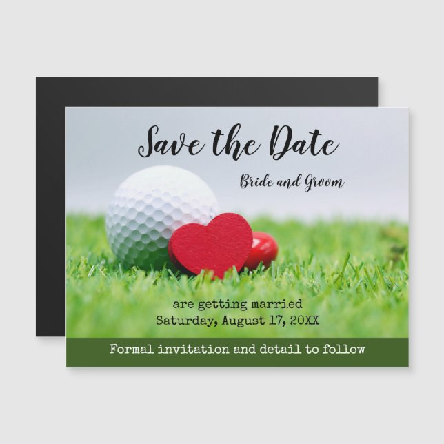 Invitation Magnétique Golf Sauvez la date avec golf et coeur Magnétique  (Devant / Derrière)