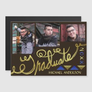 Invitation Magnétique Graduation 2023 Faux Gold Typography Photo Collage