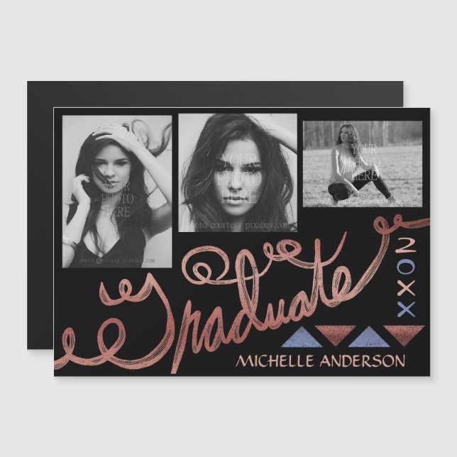 Invitation Magnétique Graduation 2023 Faux Rose Gold Texte Photo Collage (Devant / Derrière)