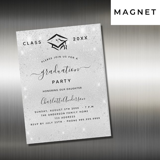 Invitation Magnétique Graduation argent parties scintillant luxe moderne (Créateur téléchargé)