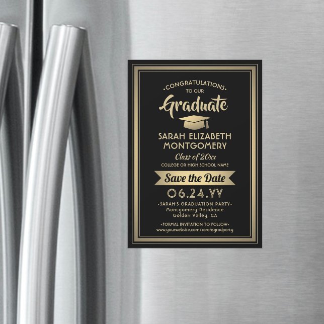 Invitation Magnétique Graduation Enregistrer la date Elégant Noir et Or (Créateur téléchargé)