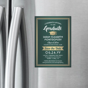 Invitation Magnétique Graduation Enregistrer la date Elégant Vert Blanc