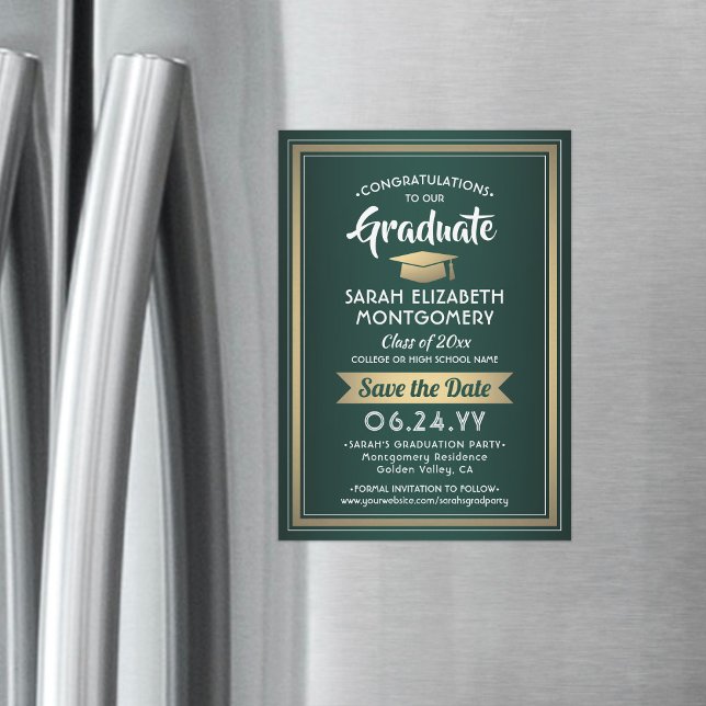 Invitation Magnétique Graduation Enregistrer la date Elégant Vert Blanc  (Créateur téléchargé)