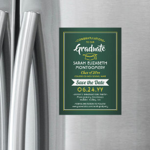 Invitation Magnétique Graduation Enregistrer la date Elégant vert or jau