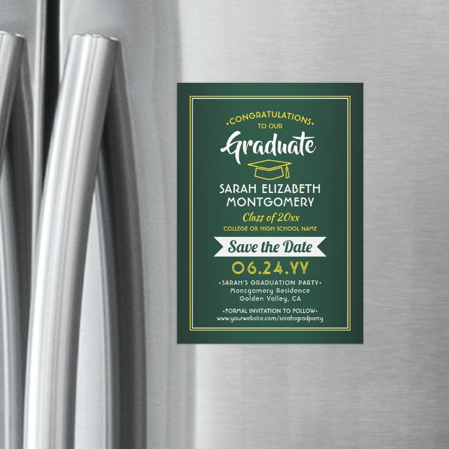 Invitation Magnétique Graduation Enregistrer la date Elégant vert or jau (Créateur téléchargé)