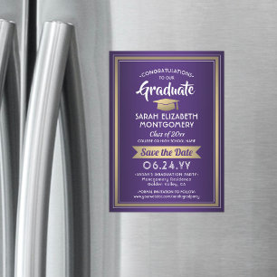 Invitation Magnétique Graduation Enregistrer la date Elégant violet blan