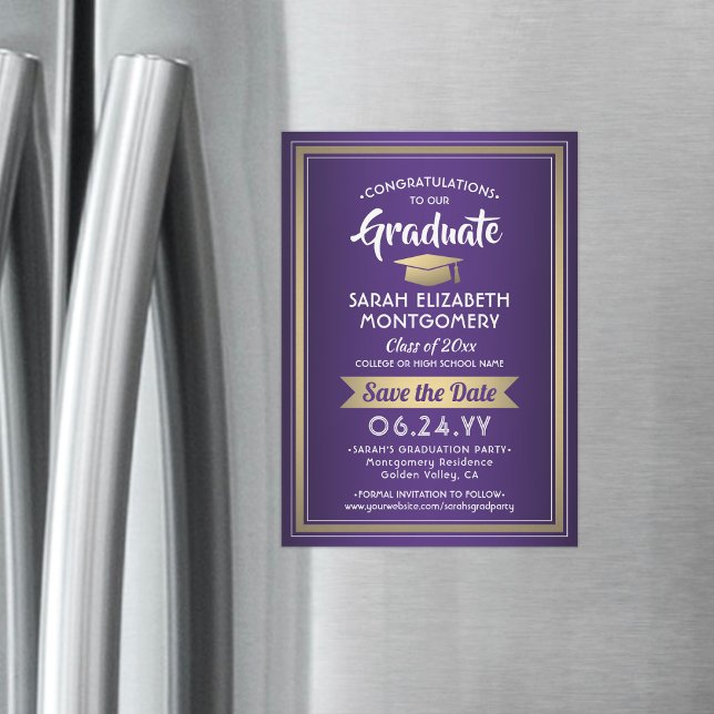 Invitation Magnétique Graduation Enregistrer la date Elégant violet blan (Créateur téléchargé)