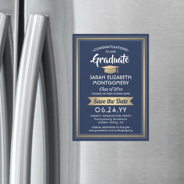 Invitation Magnétique Graduation Enregistrer la date Marine Bleu Blanc e (Créateur téléchargé)