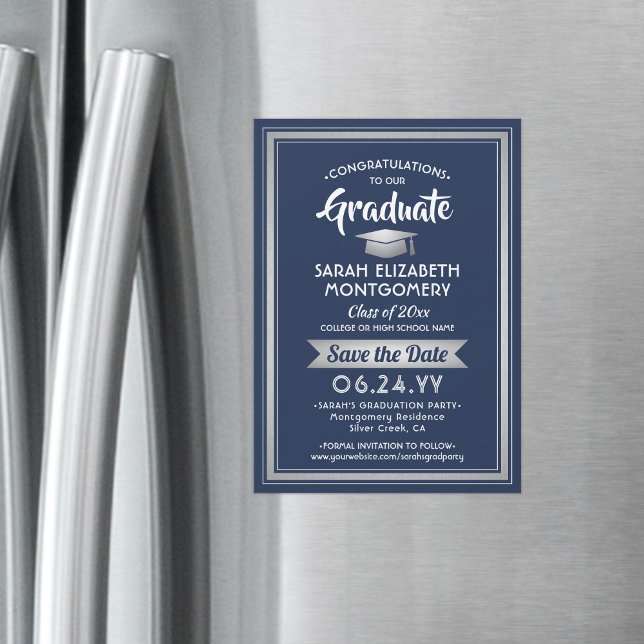 Invitation Magnétique Graduation Enregistrer la date Marine bleu et blan (Créateur téléchargé)
