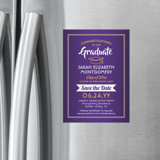 Invitation Magnétique Graduation Enregistrer la date Purple and Gold Yel (Créateur téléchargé)