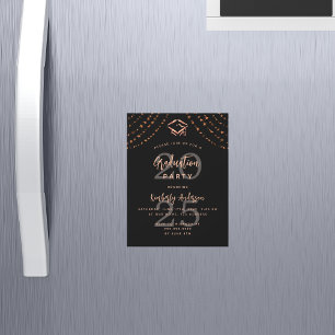 Invitation Magnétique Graduation party noir rose or étoiles année luxe