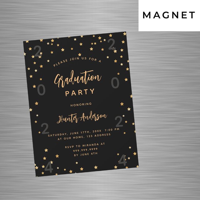 Invitation Magnétique Graduation party or noir étoiles année luxe (Créateur téléchargé)