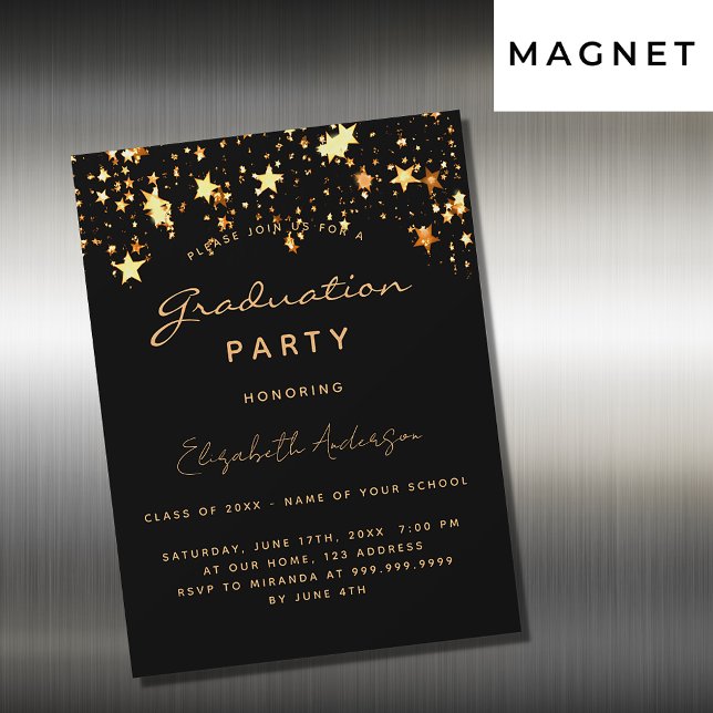 Invitation Magnétique Graduation party or noir étoiles luxe (Créateur téléchargé)