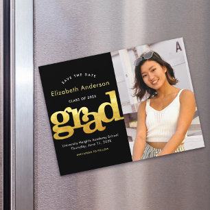 Invitation Magnétique Graduation Photo Gold Black Typographie Enregistre