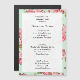 Invitation Magnétique Graduation - Roses, fleurs, Feuilles - Vert rose