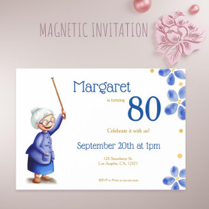 Invitation Magnétique Grand-mère Florale Bleue avec Canne 80e anniversai