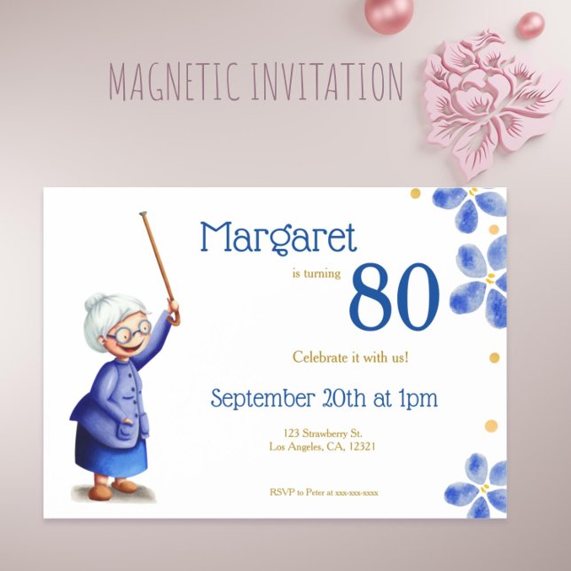 Invitation Magnétique Grand-mère Florale Bleue avec Canne 80e anniversai (Blue Floral Grandmother with Cane 80th Birthday Magnetic Invitation )
