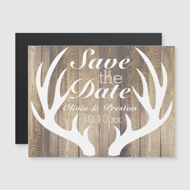 Invitation Magnétique Grange Rustique Bois Blanc Cerf Bois de Cerf (Devant / Derrière)