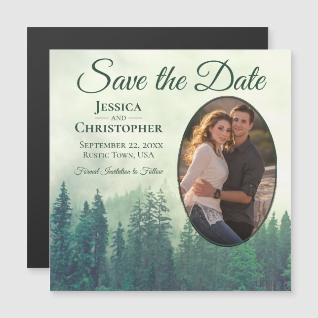 Invitation Magnétique Green Pine Rustic Oval Photo Wedding Enregistrer l (Devant / Derrière)