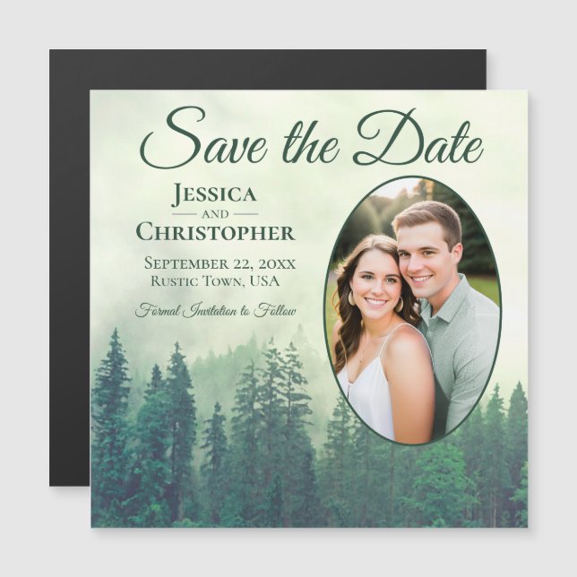 Invitation Magnétique Green Pine Rustic Oval Photo Wedding Enregistrer l (Devant / Derrière)