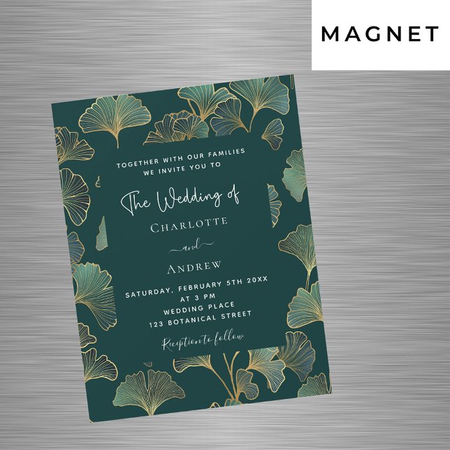 Invitation Magnétique Greenery ginkgo feuille or luxe mariage (Créateur téléchargé)