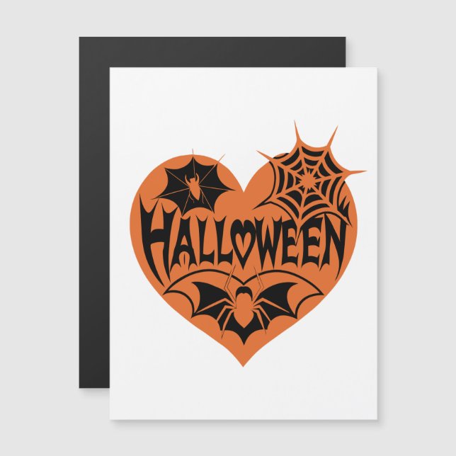 Invitation Magnétique Halloween Heart, Orange Heart Shape, Spider Web (Devant / Derrière)