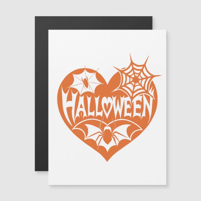 Invitation Magnétique Halloween Heart, Orange Heart Shape, Spider Web (Devant / Derrière)
