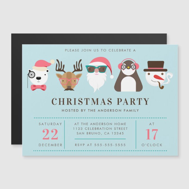 Invitation Magnétique Hipster Père Noël & Friends Christmas Party Invita (Devant / Derrière)