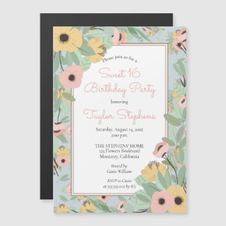 Invitation Magnétique Jardin Floral rose | Bouquet jaune Doux 16 Parti