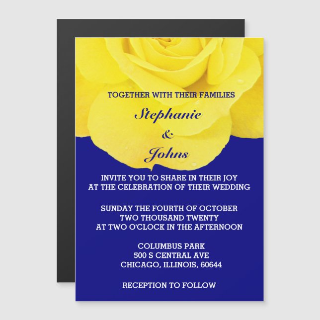 Invitation Magnétique Jaune Rose Marine Bleu Floral Blanc Unique Mariage (Devant / Derrière)