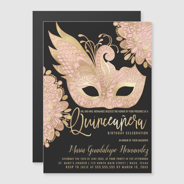 Invitation Magnétique Joli rose or noir Mascarade Masque Quinceañera (Devant / Derrière)