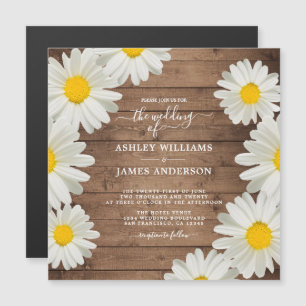 Invitation Magnétique Jolies marguerites Blanc Floral Rustique Bois Mari