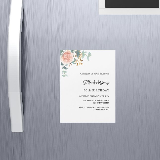 Invitation Magnétique Jour d'anniversaire rose or fleuri vert luxe (Créateur téléchargé)