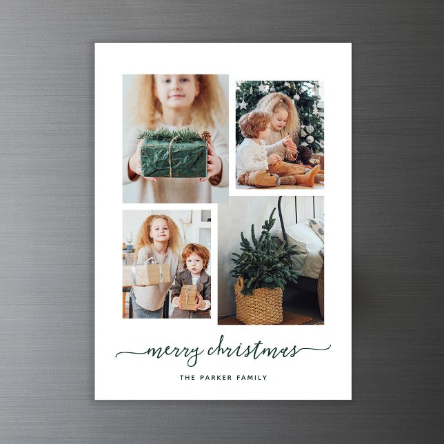 Invitation Magnétique Joyeux Noël | Modern Four Photo Collage (A modern photo collage on this magnetic Christmas card)