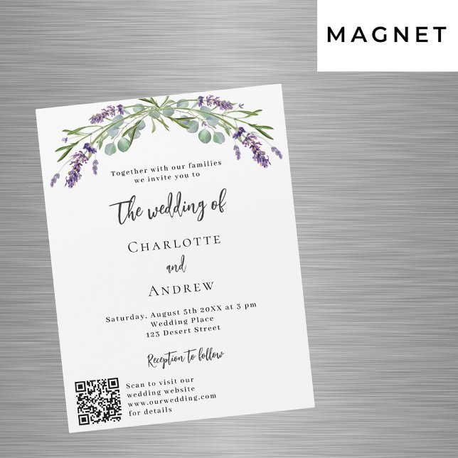 Invitation Magnétique Lavender violet code QR détails mariage de luxe (Créateur téléchargé)