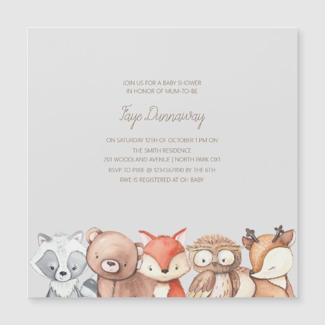 Invitation Magnétique Le Baby shower des animaux des bois (Devant)