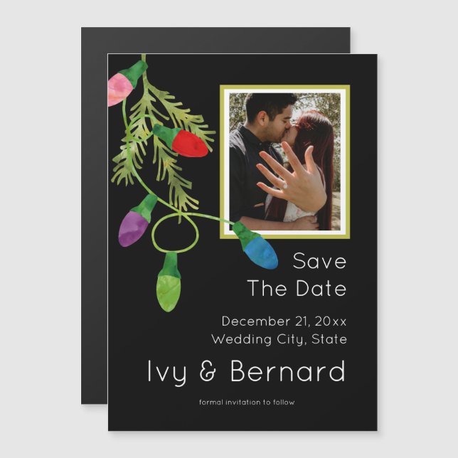 Invitation Magnétique Les lumières de Noël sur la photo noire Enregistre (Devant / Derrière)