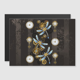 Invitation Magnétique Libellules Steampunk sur fond brun rayé