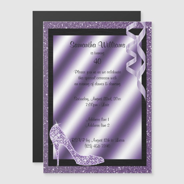 Invitation Magnétique Lilac Glittery Stiletto & Streamers 40e anniversai (Devant / Derrière)