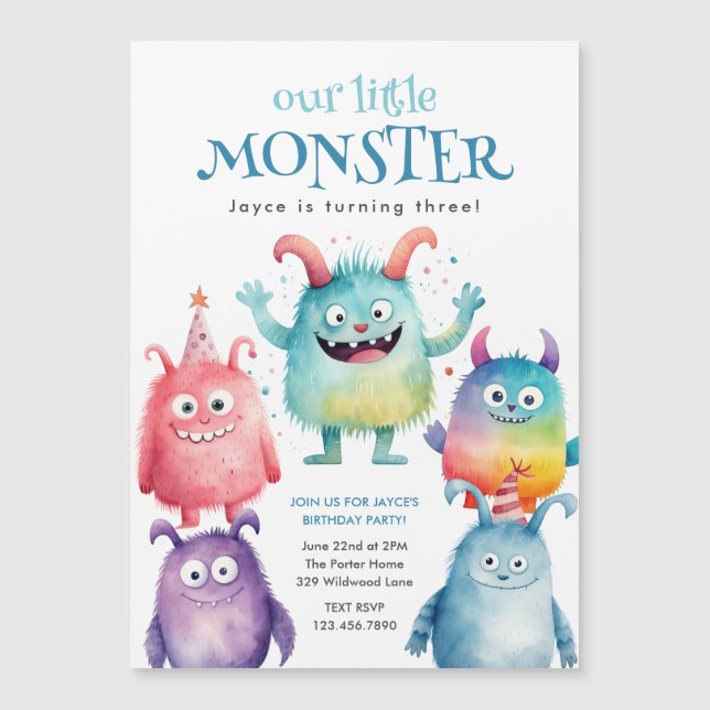 Invitation Magnétique Little Monster Anniversaire de enfant Party (Devant)