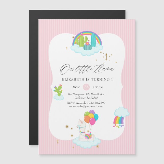 Invitation Magnétique Llama 1ère fête d'anniversaire (Devant / Derrière)