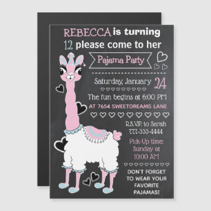 Invitation Magnétique Llama Pyjama Sleepover Girl Party Blackboard Style