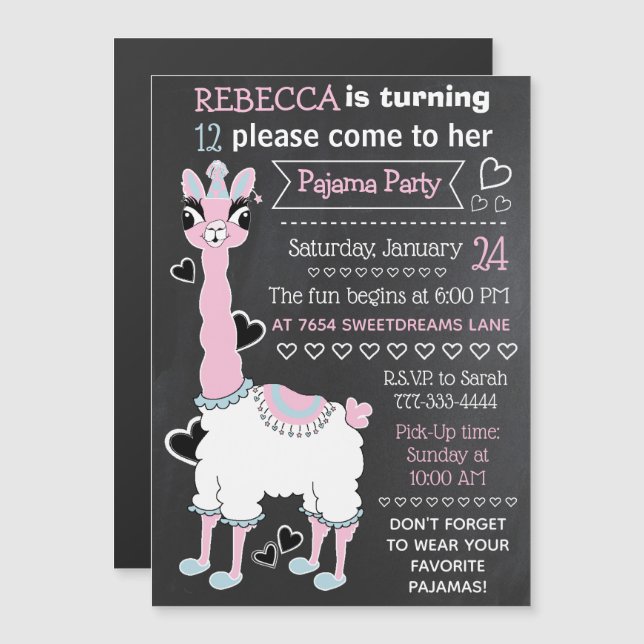 Invitation Magnétique Llama Pyjama Sleepover Girl Party Blackboard Style (Devant / Derrière)