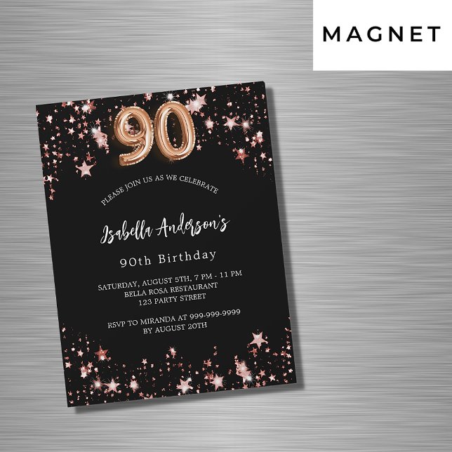 Invitation Magnétique L'or rose noir étoiles luxe 90e anniversaire (Créateur téléchargé)