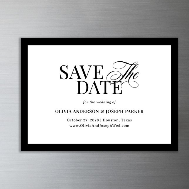 Invitation Magnétique Luxe classique | Noir et blanc Enregistrer la date (Créateur téléchargé)