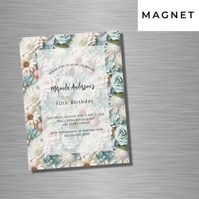 Invitation Magnétique Luxe floral blanc vert poussiéreux d'anniversaire (Créateur téléchargé)