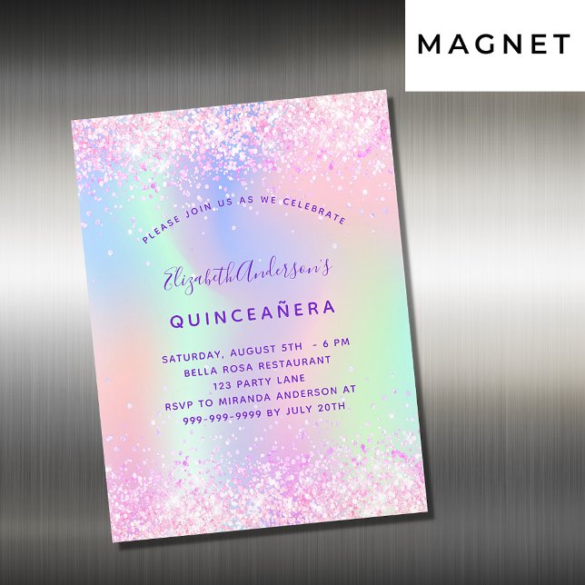 Invitation Magnétique Luxe holographique rose quinceanera (Créateur téléchargé)